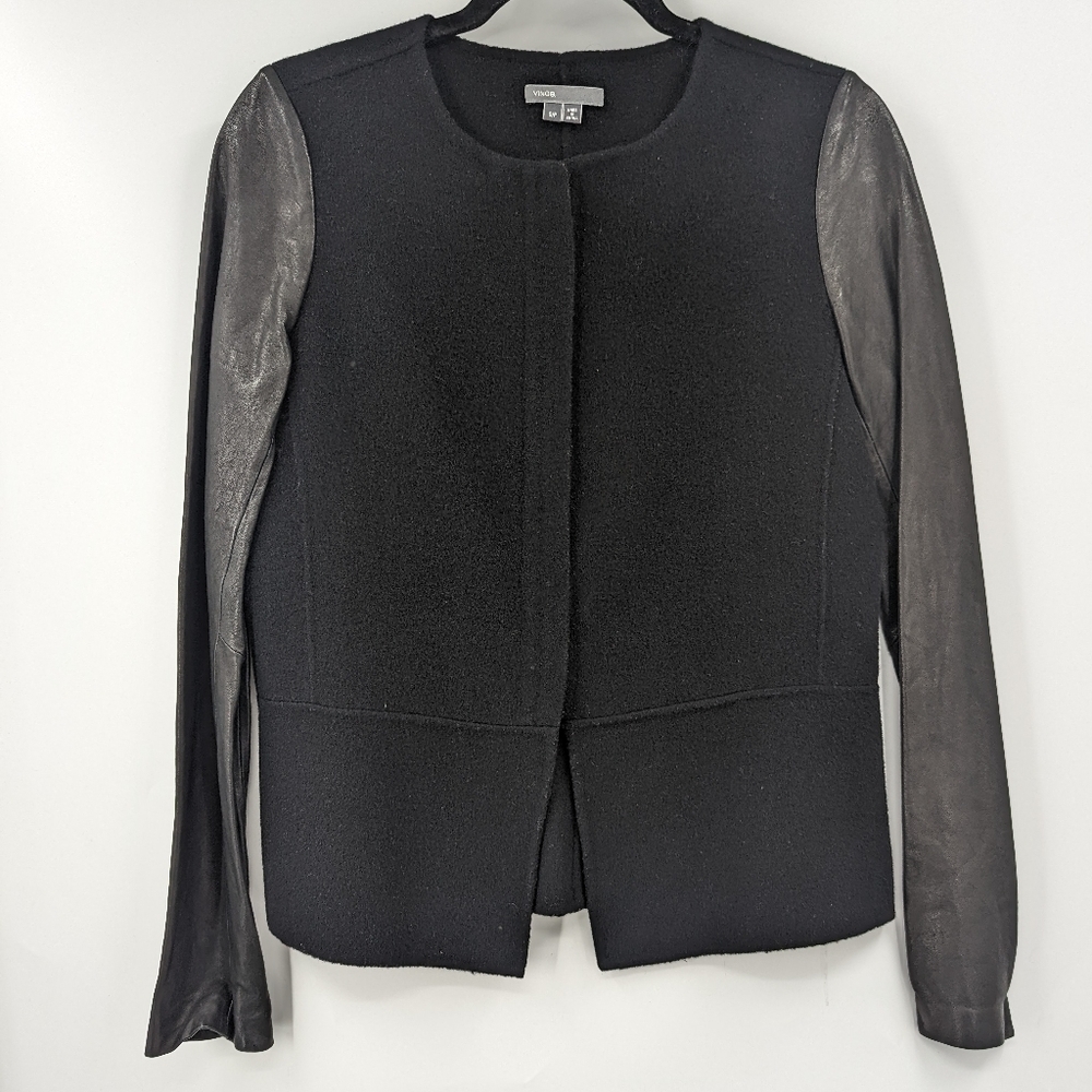 VINCE Wool Coat with Leather Sleeves